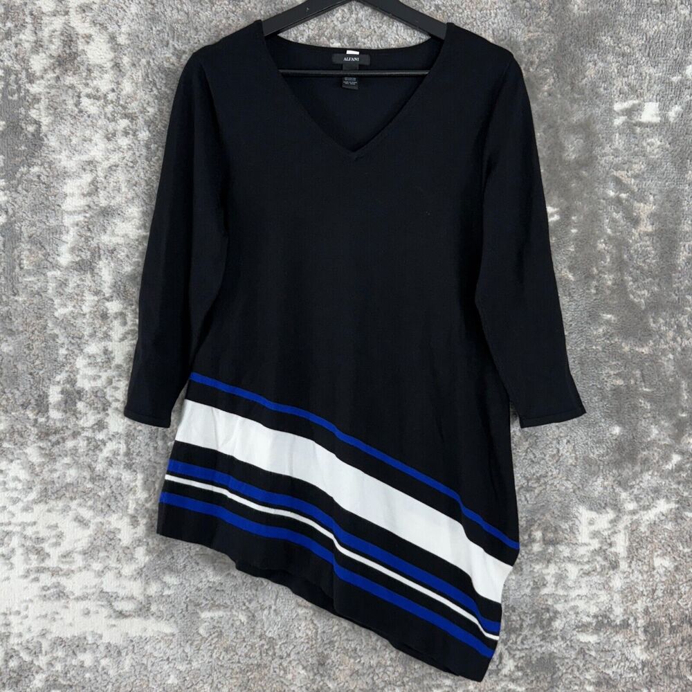 Alfani Womens Size S Asymmetric Stripes V Neck Sweater Black 3/4 Sleeve Pullover